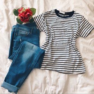 Brandy Melville Blue/White Stripe Crewneck 100% cotton  T-Shirt